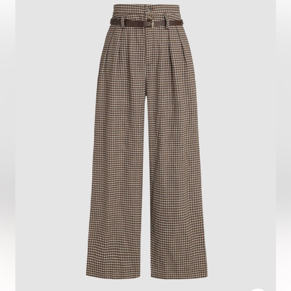Houndstooth High Waist Belted Wide Leg Trousers
